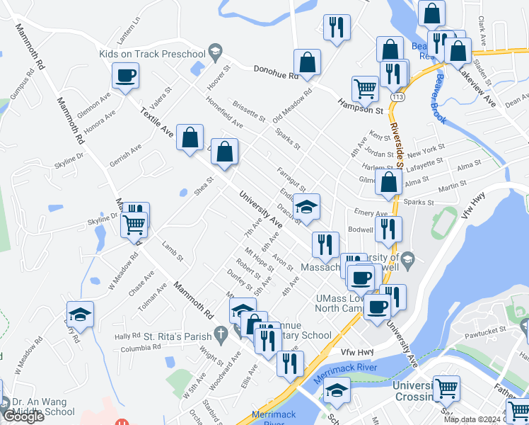 map of restaurants, bars, coffee shops, grocery stores, and more near 312 University Avenue in Lowell