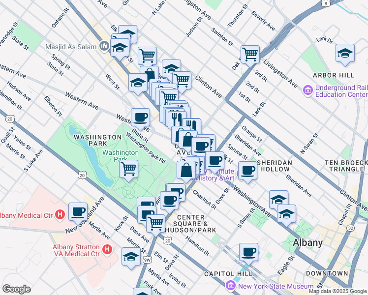 map of restaurants, bars, coffee shops, grocery stores, and more near 255 Washington Avenue in Albany