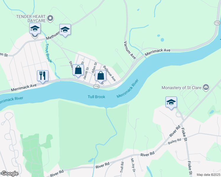 map of restaurants, bars, coffee shops, grocery stores, and more near 756 Merrimack Avenue in Dracut
