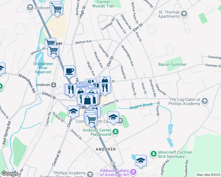 map of restaurants, bars, coffee shops, grocery stores, and more near 17 Whittier Street in Andover