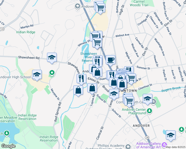 map of restaurants, bars, coffee shops, grocery stores, and more near 26 Railroad Street in Andover