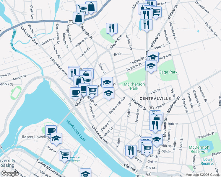 map of restaurants, bars, coffee shops, grocery stores, and more near 188 Ennell Street in Lowell