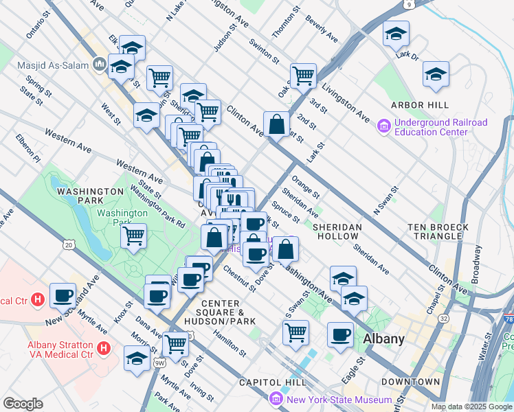 map of restaurants, bars, coffee shops, grocery stores, and more near 234 Spruce Street in Albany