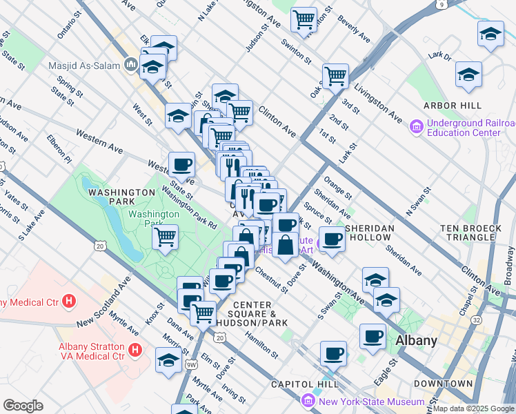map of restaurants, bars, coffee shops, grocery stores, and more near 43 Sherman Street in Albany