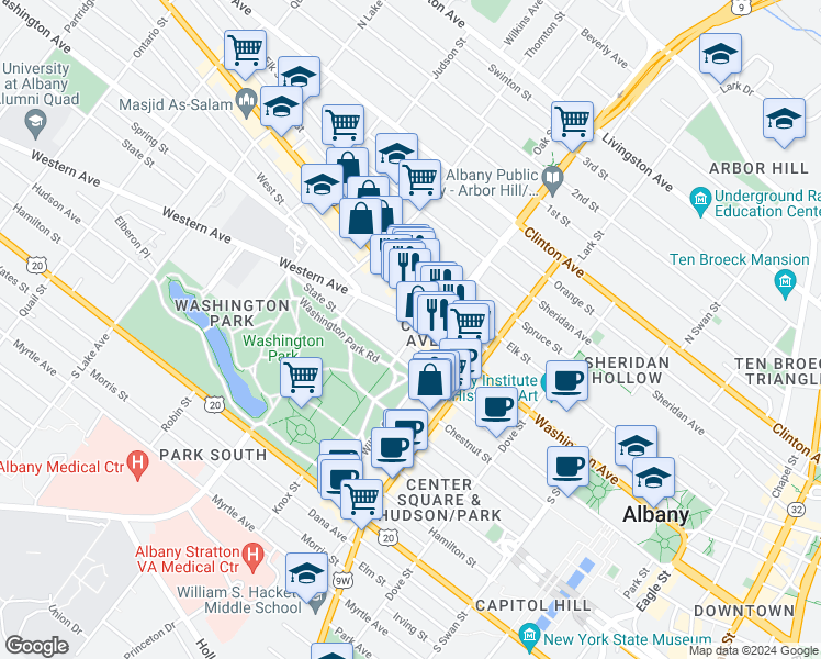 map of restaurants, bars, coffee shops, grocery stores, and more near in Albany