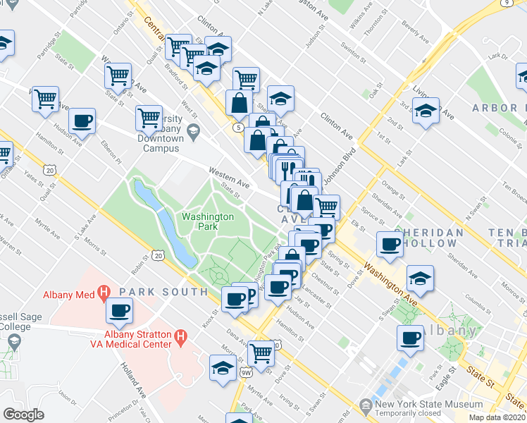 map of restaurants, bars, coffee shops, grocery stores, and more near 294 Washington Avenue in Albany