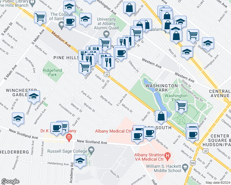 map of restaurants, bars, coffee shops, grocery stores, and more near 748 Madison Avenue in Albany