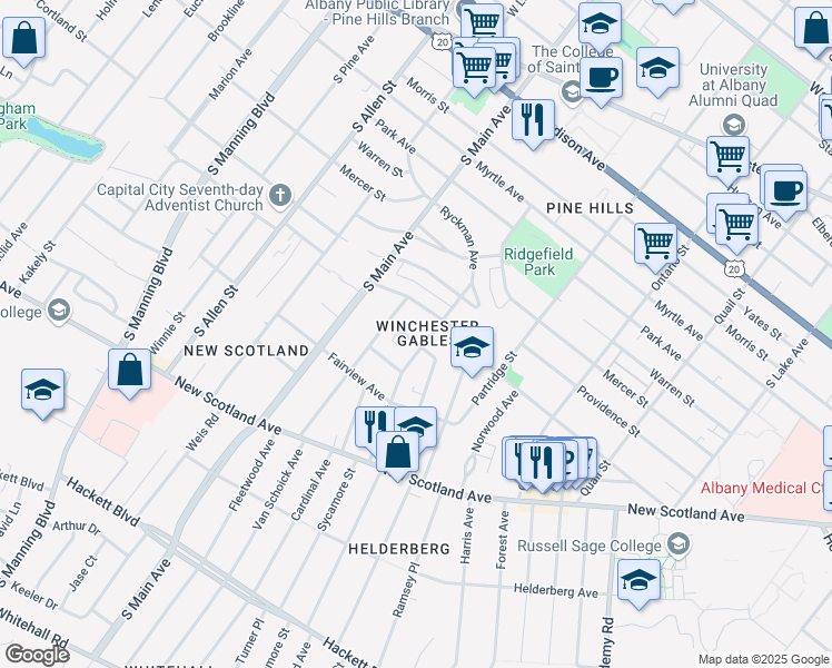 map of restaurants, bars, coffee shops, grocery stores, and more near 234 Woodlawn Avenue in Albany