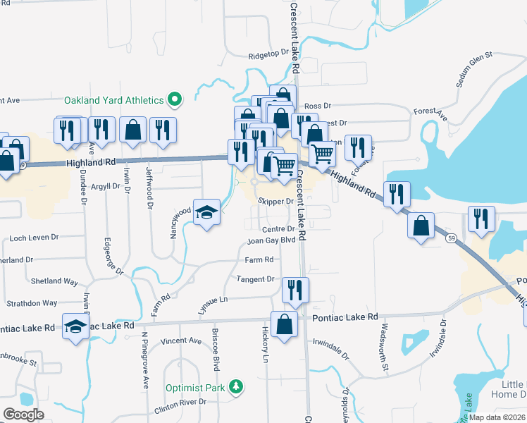 map of restaurants, bars, coffee shops, grocery stores, and more near 5141 Highland Road in Waterford Township