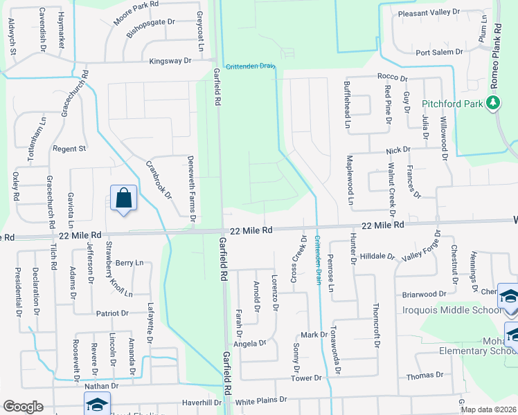 map of restaurants, bars, coffee shops, grocery stores, and more near 16949 22 Mile Road in Macomb