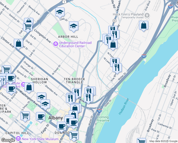 map of restaurants, bars, coffee shops, grocery stores, and more near 69 Livingston Avenue in Albany