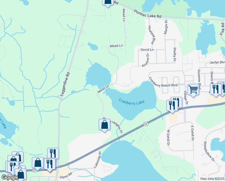 map of restaurants, bars, coffee shops, grocery stores, and more near 1800 Mead Lane in White Lake charter Township