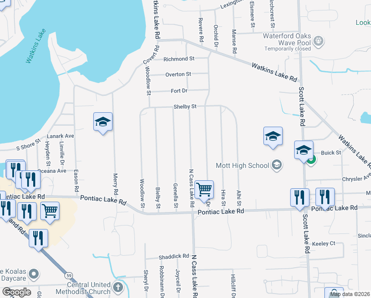 map of restaurants, bars, coffee shops, grocery stores, and more near 1303 North Cass Lake Road in Waterford Township