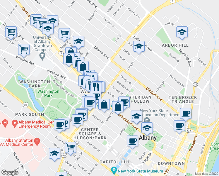 map of restaurants, bars, coffee shops, grocery stores, and more near 150 Lark Street in Albany