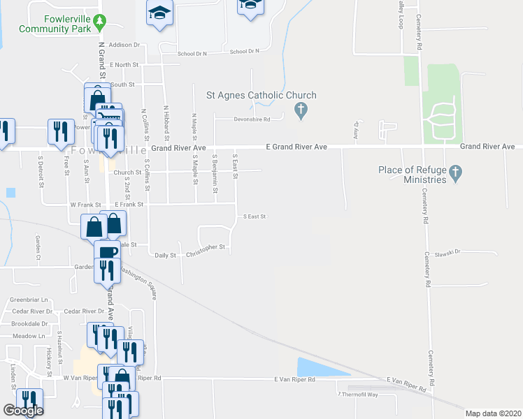 map of restaurants, bars, coffee shops, grocery stores, and more near 787 Brower Road in Fowlerville