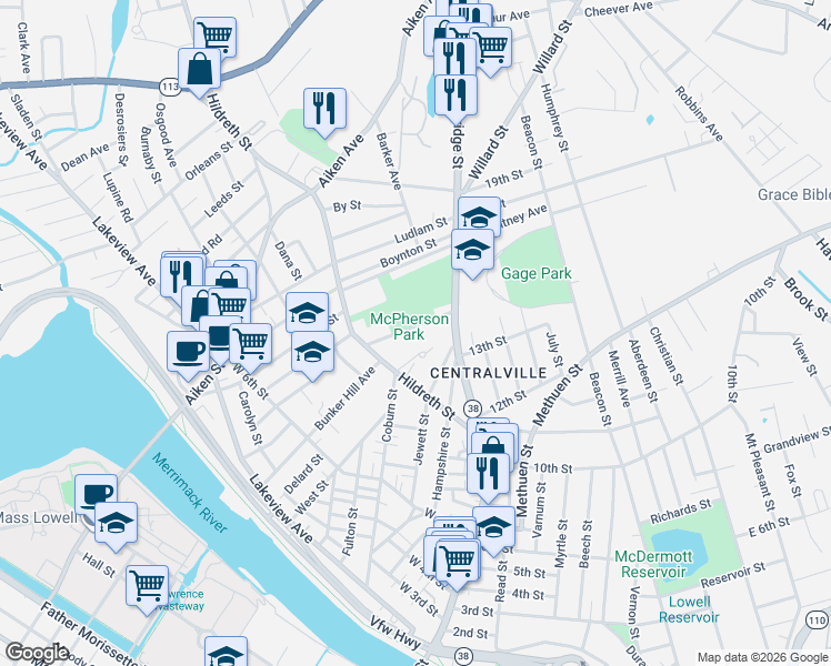 map of restaurants, bars, coffee shops, grocery stores, and more near 46 Richardson Street in Lowell