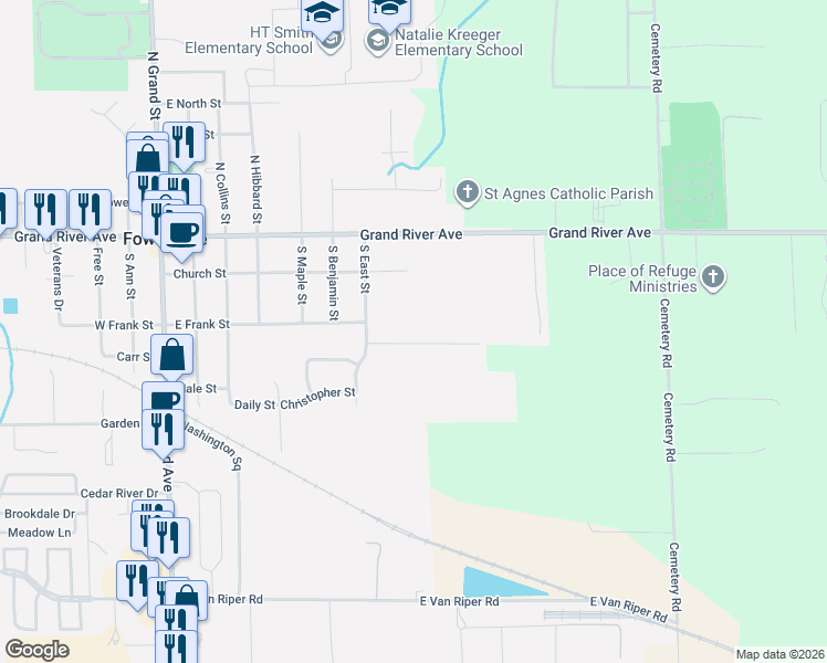 map of restaurants, bars, coffee shops, grocery stores, and more near 815 Brower Road in Fowlerville