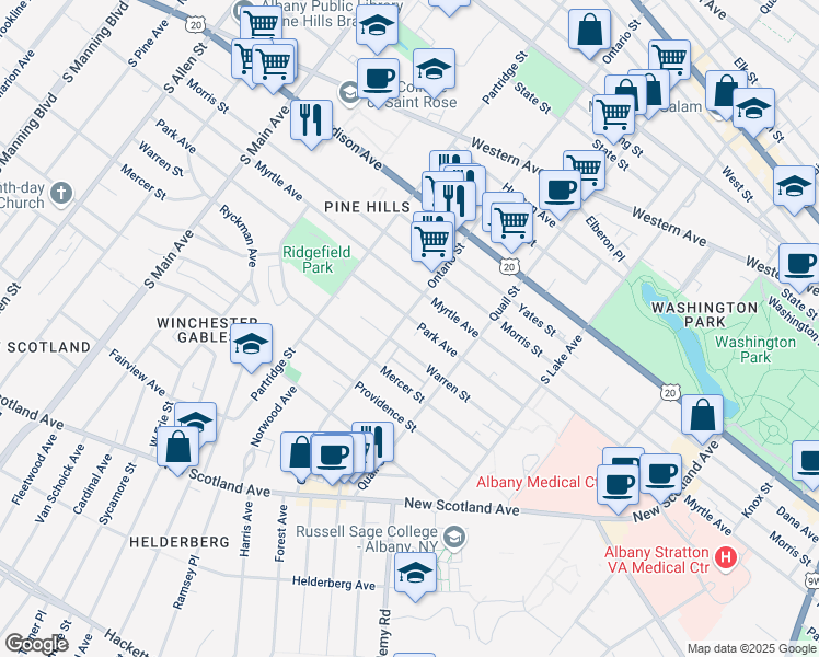 map of restaurants, bars, coffee shops, grocery stores, and more near 351 Ontario Street in Albany