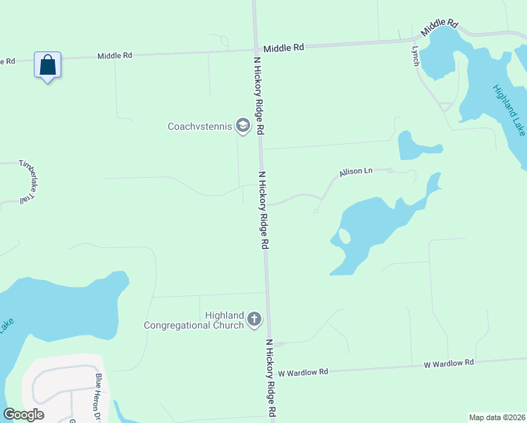 map of restaurants, bars, coffee shops, grocery stores, and more near North Hickory Ridge Road in Highland Charter Township