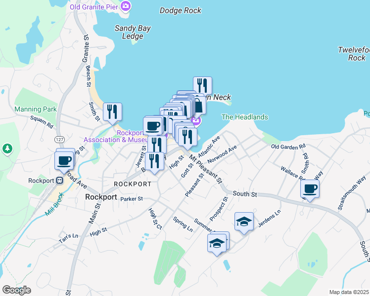 map of restaurants, bars, coffee shops, grocery stores, and more near 15 Mount Pleasant Street in Rockport