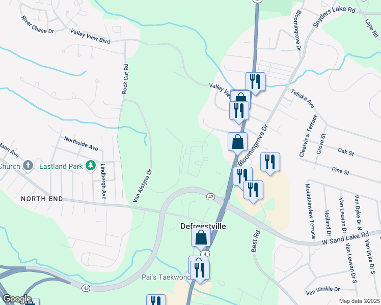 map of restaurants, bars, coffee shops, grocery stores, and more near Oak Hill Circle in Rensselaer