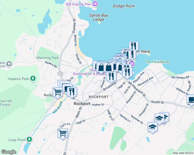 map of restaurants, bars, coffee shops, grocery stores, and more near 63R Main Street in Rockport