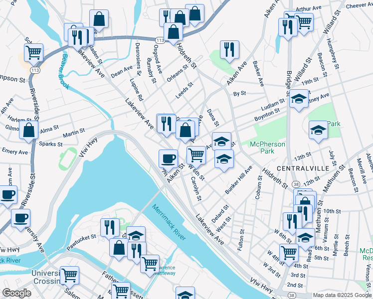 map of restaurants, bars, coffee shops, grocery stores, and more near 32 Exeter Street in Lowell