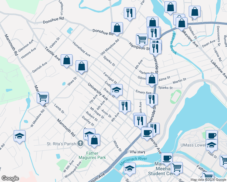 map of restaurants, bars, coffee shops, grocery stores, and more near 246 6th Avenue in Lowell