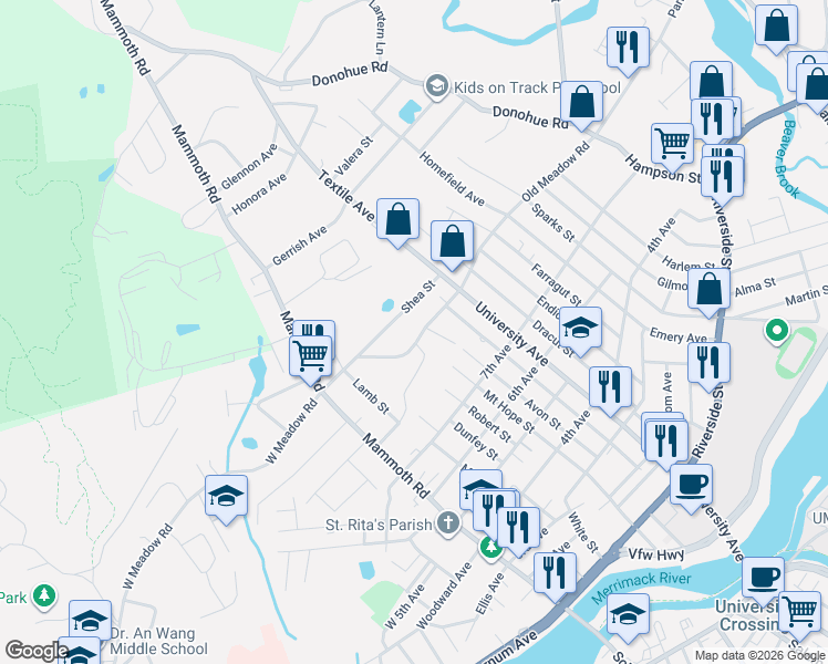 map of restaurants, bars, coffee shops, grocery stores, and more near 142 East Meadow Road in Lowell