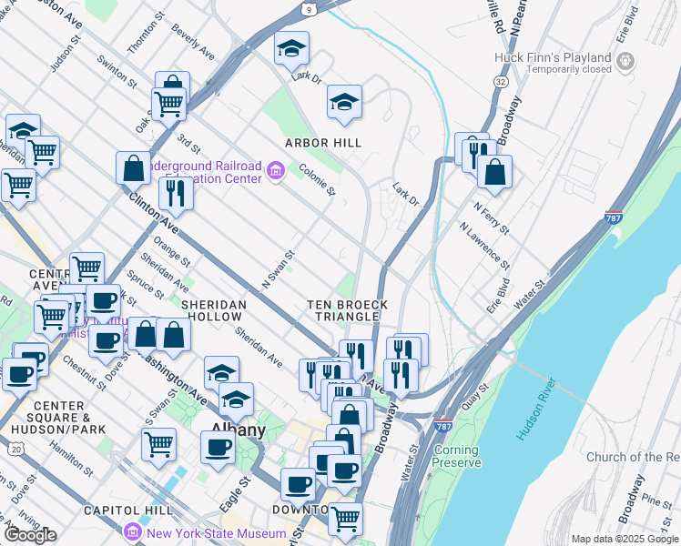 map of restaurants, bars, coffee shops, grocery stores, and more near 22 Ten Broeck Place in Albany