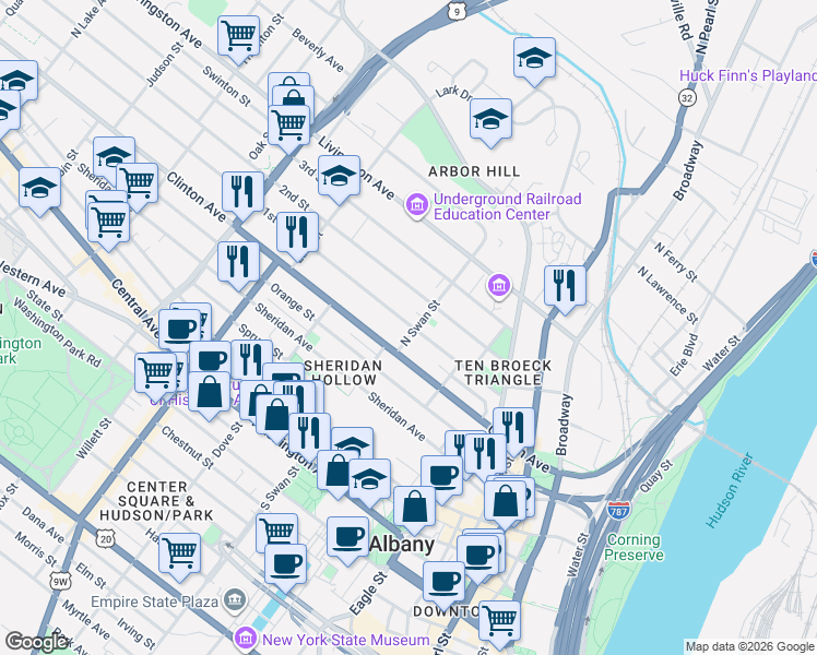 map of restaurants, bars, coffee shops, grocery stores, and more near 97 1st Street in Albany