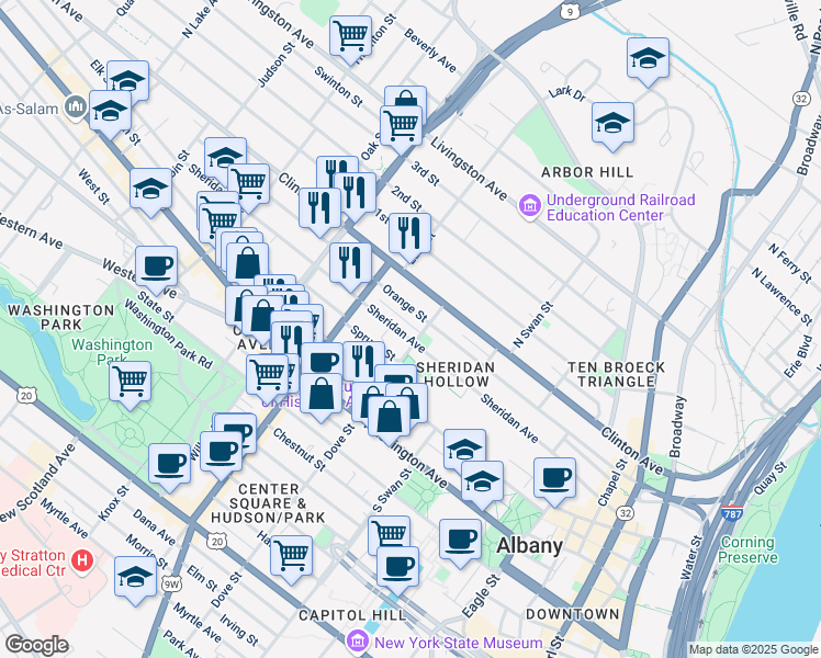 map of restaurants, bars, coffee shops, grocery stores, and more near 268 Orange Street in Albany