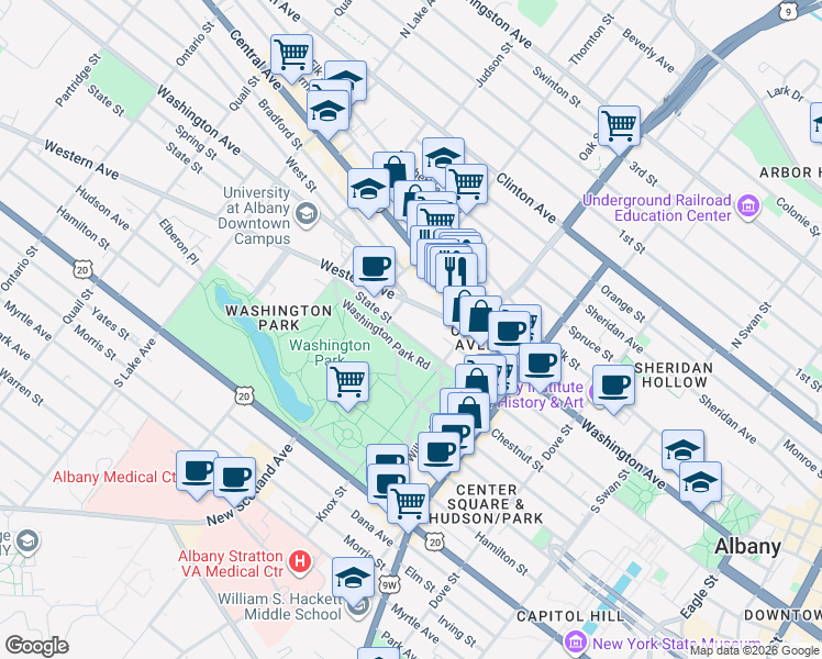 map of restaurants, bars, coffee shops, grocery stores, and more near 294 Washington Avenue in Albany