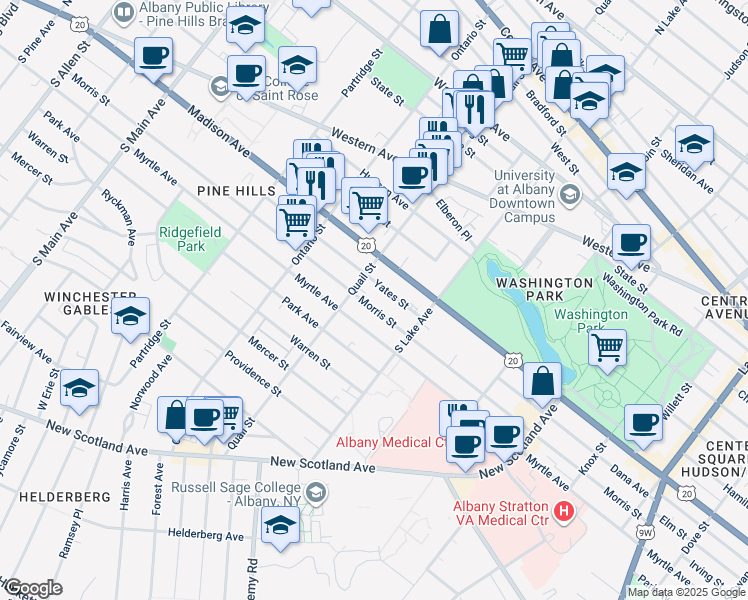 map of restaurants, bars, coffee shops, grocery stores, and more near 270 Quail Street in Albany