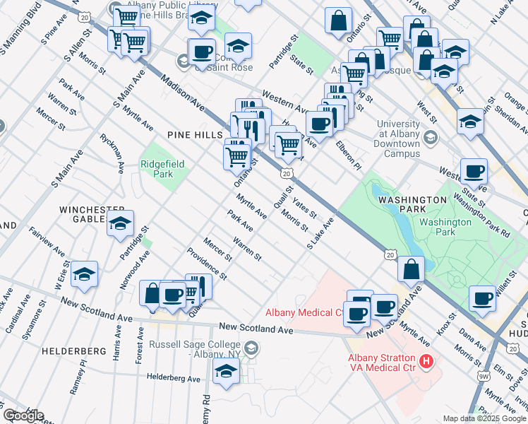 map of restaurants, bars, coffee shops, grocery stores, and more near 440 Morris Street in Albany