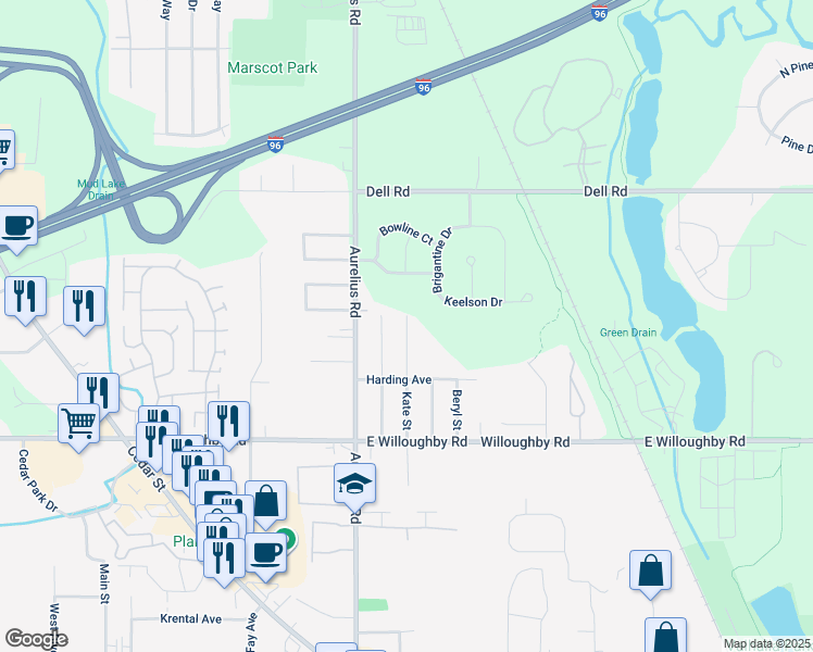 map of restaurants, bars, coffee shops, grocery stores, and more near 2627 Kate Street in Delhi charter Township