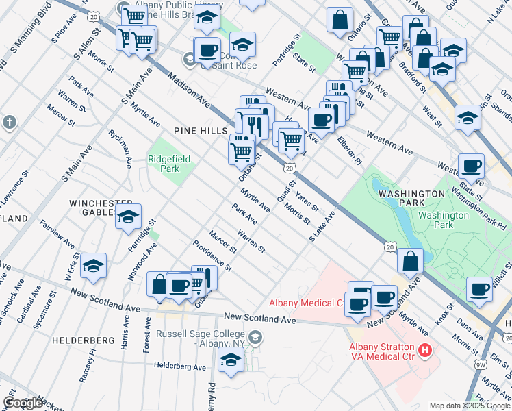 map of restaurants, bars, coffee shops, grocery stores, and more near 616 Myrtle Avenue in Albany