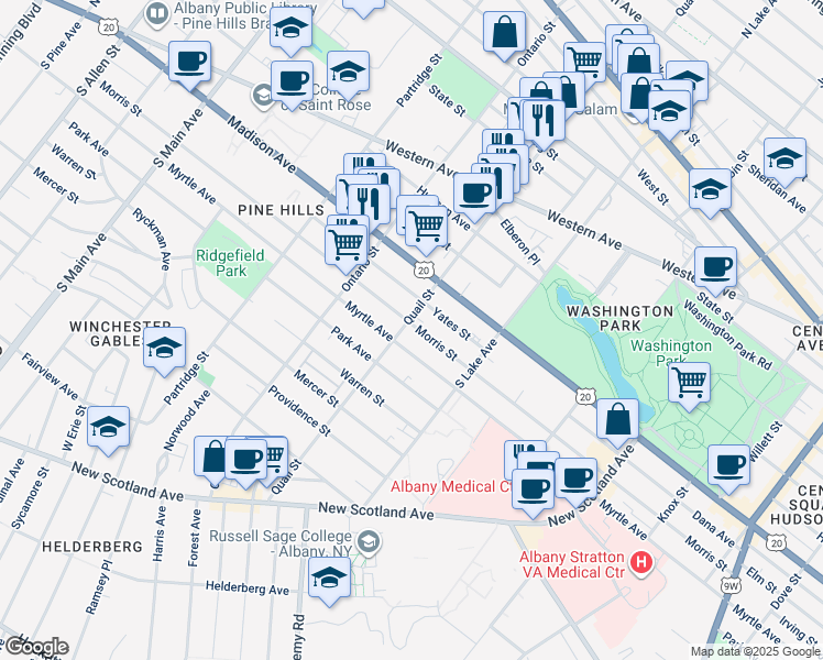 map of restaurants, bars, coffee shops, grocery stores, and more near 284A Quail Street in Albany