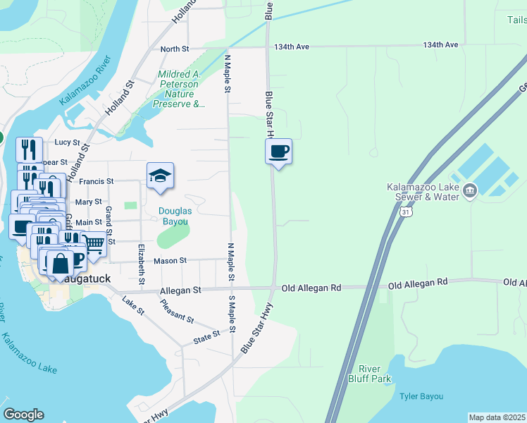 map of restaurants, bars, coffee shops, grocery stores, and more near 3296 Blue Star Highway in Saugatuck