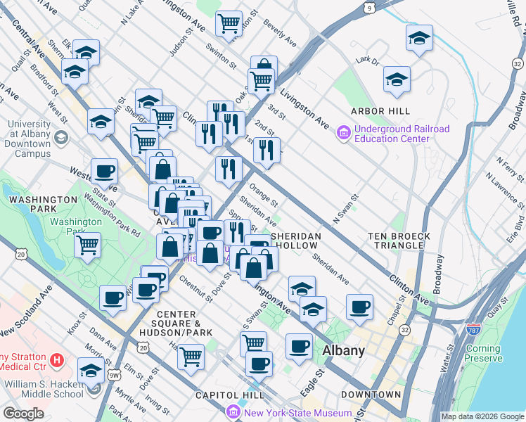 map of restaurants, bars, coffee shops, grocery stores, and more near 268 Orange Street in Albany