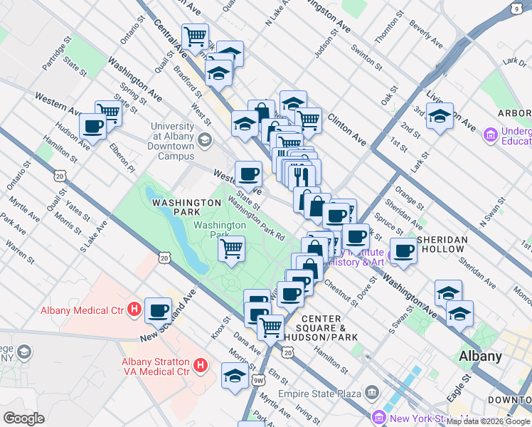 map of restaurants, bars, coffee shops, grocery stores, and more near 449 State Street in Albany