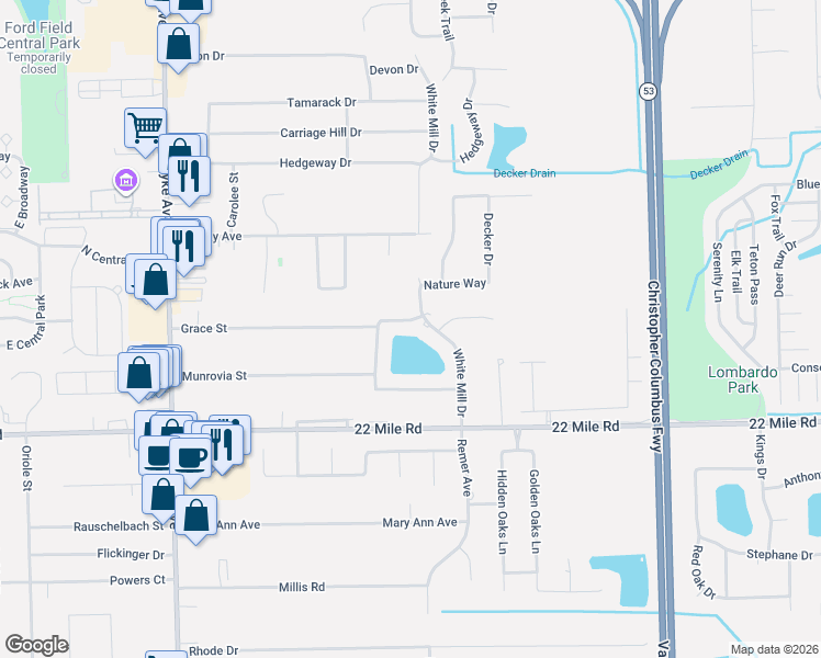 map of restaurants, bars, coffee shops, grocery stores, and more near 49196 White Mill Drive in Macomb County