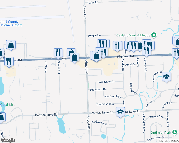 map of restaurants, bars, coffee shops, grocery stores, and more near 1383 Airport Road in Waterford Township
