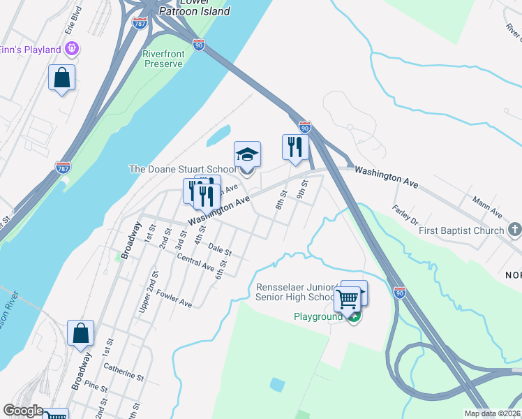map of restaurants, bars, coffee shops, grocery stores, and more near 204 Washington Avenue in Rensselaer