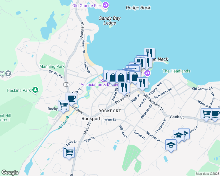 map of restaurants, bars, coffee shops, grocery stores, and more near 63R Main Street in Rockport