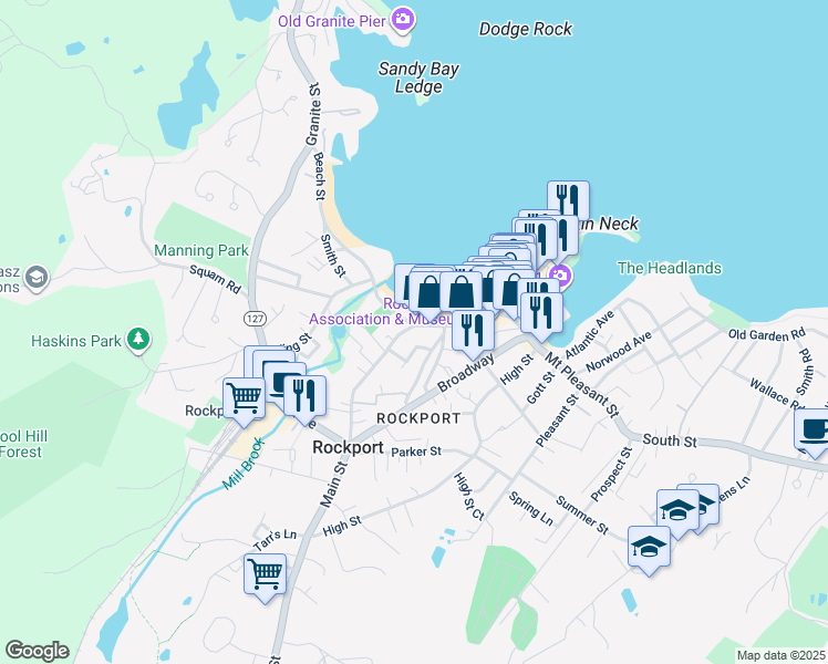 map of restaurants, bars, coffee shops, grocery stores, and more near 63R Main Street in Rockport