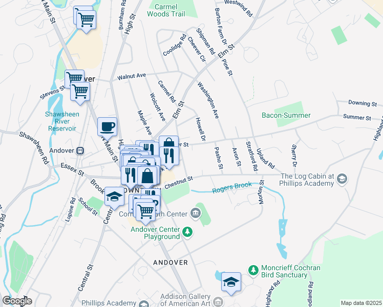 map of restaurants, bars, coffee shops, grocery stores, and more near 17 Whittier Street in Andover