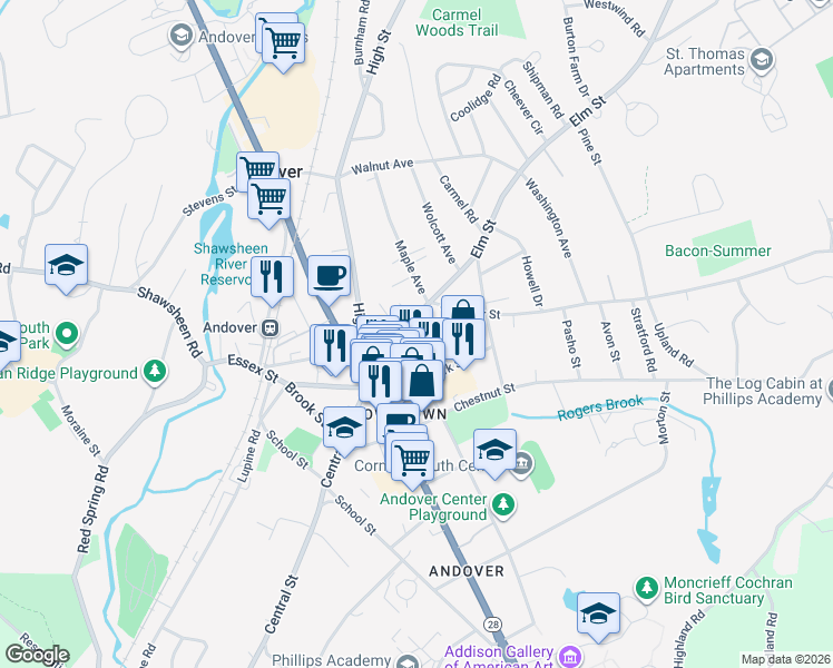 map of restaurants, bars, coffee shops, grocery stores, and more near 43 Elm Street in Andover