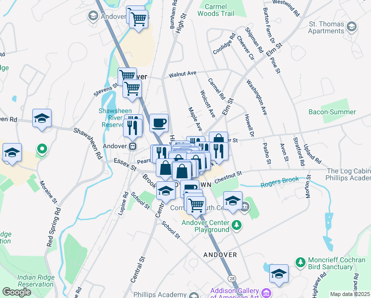 map of restaurants, bars, coffee shops, grocery stores, and more near 8 Elm Court in Andover