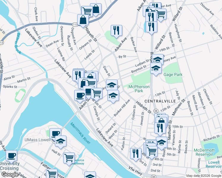 map of restaurants, bars, coffee shops, grocery stores, and more near 76 Lilley Avenue in Lowell